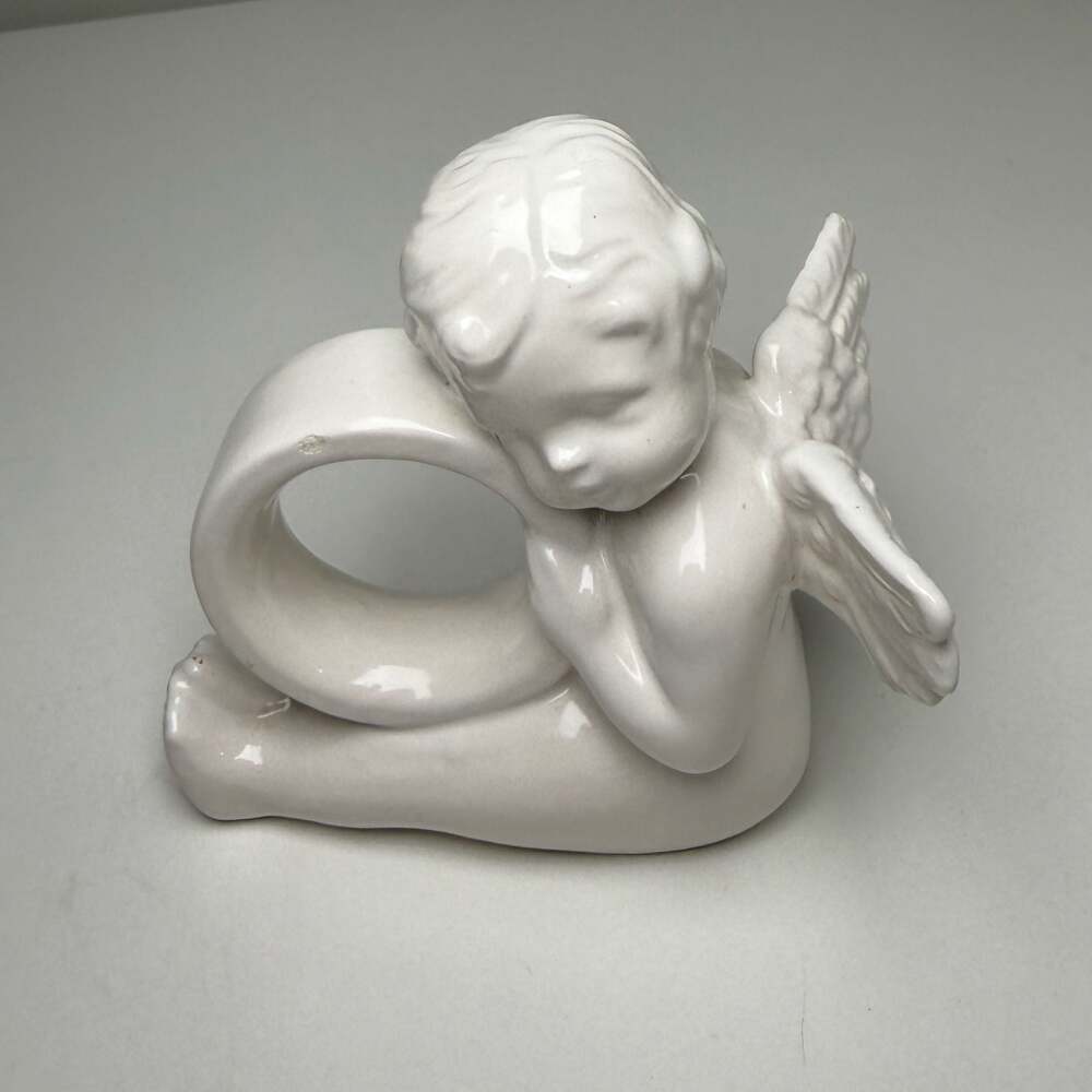 Vintage Porcelain Glazed White Cherub Angel Napkin Holder Ring